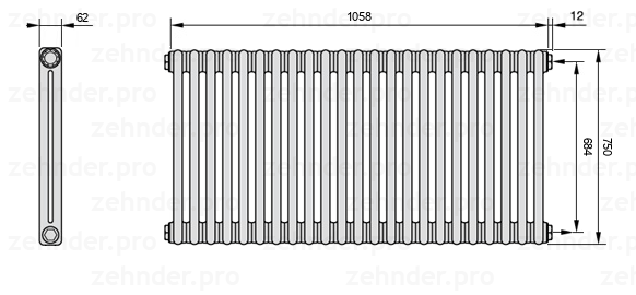 Схема (чертеж) Радиатор Zehnder Charleston 2075/23 №7610 Белый глянцевый RAL 9016